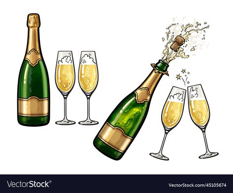 Champagne Bottle Drawing, Wine Cheers, Bottle Drawing, Bottle Of Champagne, Champagne Pop, Happy New Year Images, New Year Images, Hand Drawn Vector Illustrations, Banner Background Images