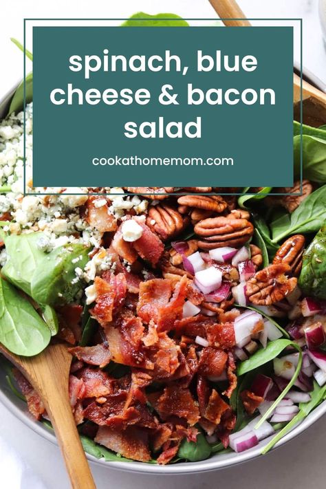 Throw this spinach, blue cheese and bacon salad together for your next party and watch it steal the spotlight. So tasty and super easy to make! Homemade Balsamic Vinaigrette, Broccoli Salad Bacon, Blue Cheese Salad, Balsamic Vinaigrette Dressing, Mom Recipes, Gluten Free Appetizers, Bacon Wrapped Asparagus, Bacon Salad, Steal The Spotlight