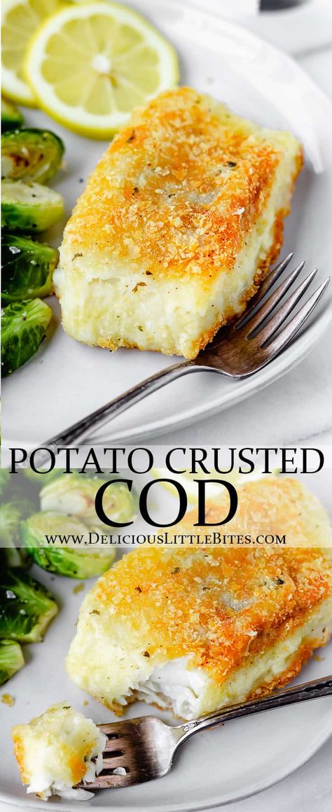 This incredibly simple recipe for crunchy Potato Crusted Cod is a bit different that most cod recipes because it is pan-fried and then baked in the oven to ensure the fish is cooked through but remains ultra-crispy and succulent. Basic pantry ingredients, a couple of spices, and a few minutes of time are all that is needed to make this delicious weeknight dinner. | #cod #codfish #potatocrustedcod #seafood #whitefishrecipes #whitefish Potato Crusted Halibut, Potato Chip Crusted Cod, Flavorful Cod Recipes, Cod Breakfast Recipes, Potato Crusted Fish, Fish Potatoes Recipes, Crispy Cod Recipes, Potato Crusted Cod, Best Cod Fish Recipes