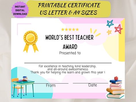 Buy Teacher Appreciation Award Custom Certificate Template Online in India - Etsy Worlds Best Teacher, Teacher Gift Printables, Teacher Awards, Teacher Certification, Appreciation Printable, Printable Certificates, Certificate Of Appreciation, Teacher Personalized, Gift Printable