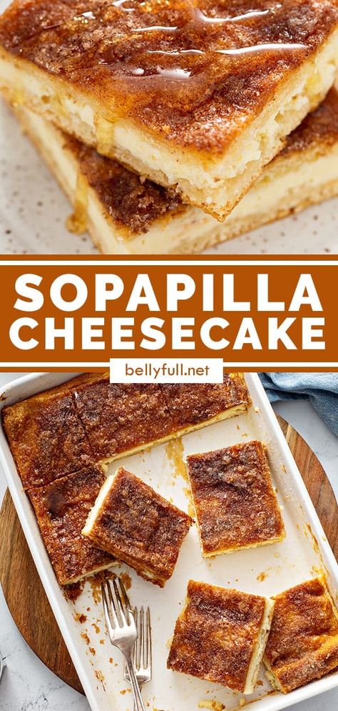 These Sopapilla Cheesecake bars are the best combination of New-Mexican sopapillas, churros, and cheesecake in one. Sweetened cream cheese between layers of cinnamon-sugar crust is to die for in this easy dessert recipe, great for potlucks! Gluten Free Sopapilla Cheesecake, Sopapia Cheesecake, Sopapilla Cheesecake Recipe, Easy Sopapilla Cheesecake, Sopapilla Cheesecake Bars, Cheesecake Bars Easy, Sopapilla Cheesecake, Churro Cheesecake, Coffee Cheesecake