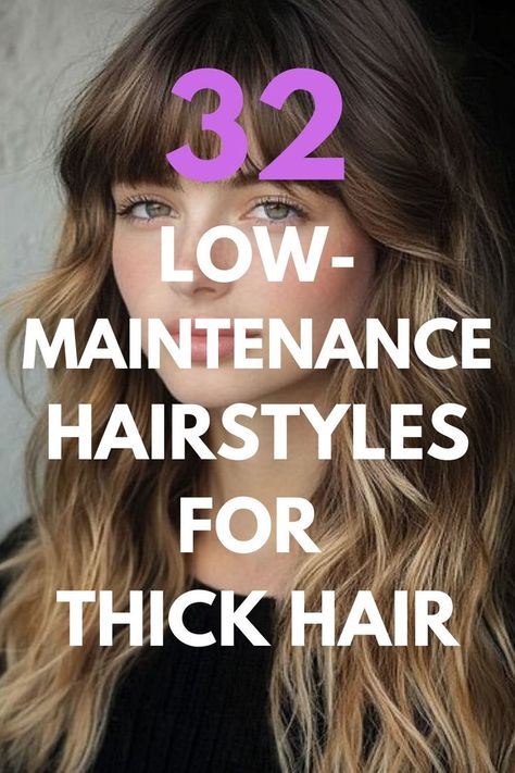 32 Low-Maintenance Haircuts For Thick Hair headline over an image of Long Waves with Bangs Haircut on a young woman with ombre brown to blonde hair. Waves With Bangs, Hair Without Bangs, Low Maintenance Short Haircut, Thick Bangs, Get Thicker Hair, Haircuts For Thick Hair, Be A Blessing, Low Maintenance Haircut, Low Maintenance Hair