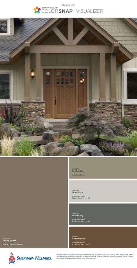 Exterior Home Paint Colors Ideas, Ranch Style Homes Exterior Colors Ideas, Tan House With Brown Trim, Nature Exterior House Colors, Earthy Tone House Exterior, Sage And Brown House Exterior, Tan House Dark Brown Trim Exterior, Green House Exterior Accent Colors, Brown Craftsman Exterior