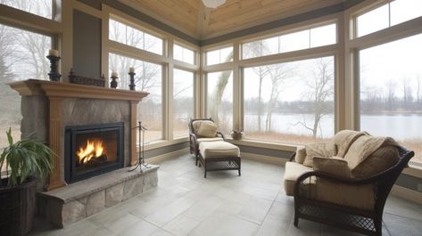 The Benefits of Adding a Fireplace to Your Sunroom Small Sunroom With Fireplace Ideas, Sunroom With Fireplace Ideas, Fireplace Sunroom, Sunroom With Fireplace, Adding A Fireplace, Small Sunroom, Tv Over Fireplace, 4 Season Room, Fake Fireplace