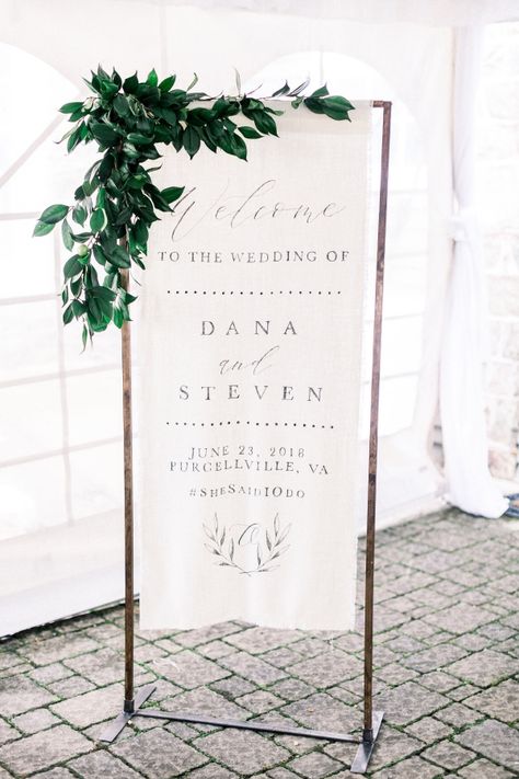 Fabric wedding welcome sign Minimal Welcome Sign Wedding, Fabric Wedding Welcome Sign, Linen Wedding Welcome Sign, Fabric Welcome Sign Wedding, Fabric Wedding Backdrop, Fabric Wedding Sign, Wedding Welcome Sign Ideas, Copper Stand, Fall Wedding Trends