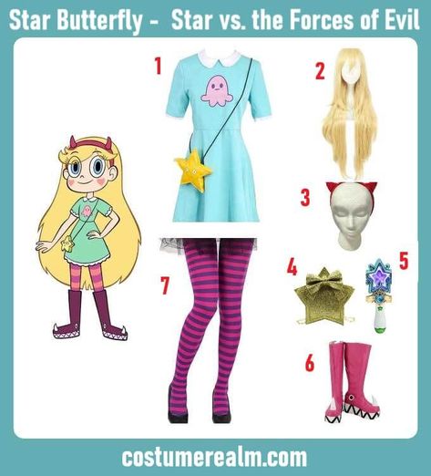 How To Dress Like Star Butterfly Costume Guide For Halloween Star Vs Forces Of Evil Costume, Star Butterfly Costume, Star Butterfly Cosplay, Butterfly Halloween Costume, Outfits Guide, Butterfly Halloween, Long Blonde Wig, Costume Guide, Princess Wands