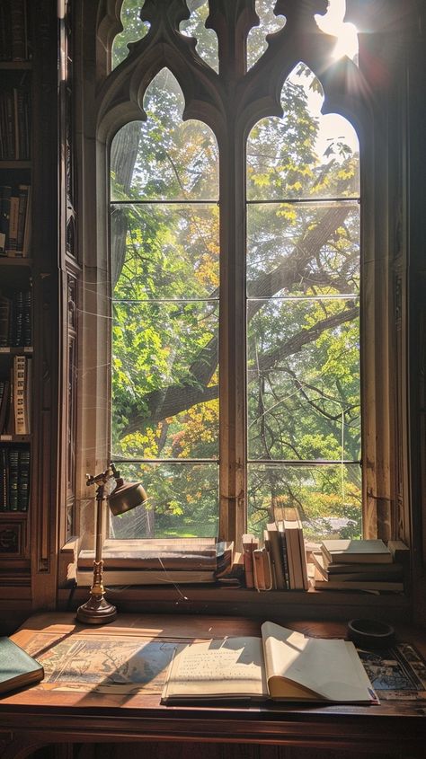 "Serene Study Space: A #peaceful study room with a grand #window overlooking lush green #trees and a sundrenched #desk. #study #sunlight #books #view #aiart #aiphoto #stockcake ⬇️ Download and 📝 Prompt 👉 https://stockcake.com/i/serene-study-space_1142413_903242". Window Desk Ideas, Desk In Library, Sitting By A Window, Library Windows, Fantasy Library, Window Desk, Higher Art, Cottage Windows, Desk Study