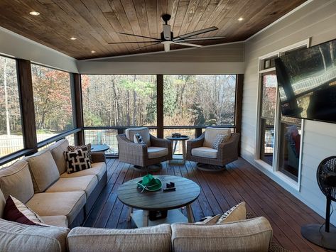 4 Season Deck Ideas, Covered Back Deck Ideas Screened Porches, Back Patio Ideas Screened In, Screened In Porch Painted Ceiling, Living Room To Deck Transition, 3 Season Porch Furniture Ideas, Backyard Enclosed Patio Ideas, Winter Screened In Porch, Screened In Porch Black