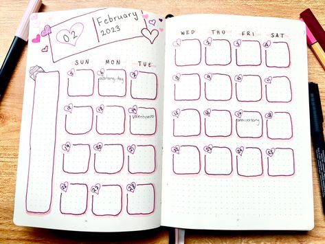 2023 february calender for bullet journal. Valentines theme. #valentines #valentinesday #pink #love #hearts #bujo #bujoideas Bujo Themes February, February Bujo Calendar, February Bujo Theme, February Month, Pink Calendar, February Bullet Journal, February Calendar, Bullet Journal Month, Bullet Journal Ideas Templates