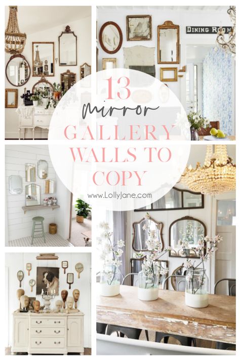 13 gorgeous mirror gallery wall ideas to copy! Gather thrifted mirrors then group them together for a gorgeous statement! #mirrorgallerywall #gallerymirrorwallideas #gallerywallideas #mirrorgallerywall #howtodecoratewithmirrors #waystodecoratewithmirrors Family Room Mirror, Mirror Gallery Wall Ideas, Entryway Gallery Wall, Mirror Wall Collage, Gallery Wall Ideas, Mirror Gallery, Mirror Gallery Wall, Gallery Wall Bedroom, Mirror Dining Room