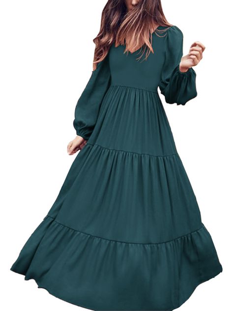 Long Sleeve Flowy Dress, Cake Skirt, Gaun Fashion, Solid Color Dress, Church Outfits, Design Clothes, Ruffled Maxi Dress, Maxi Dresses Casual, Long Sleeve Maxi