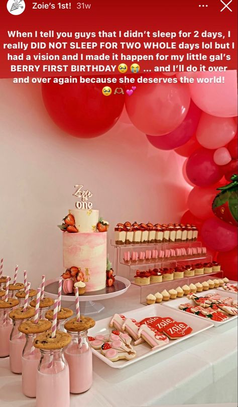 Strawberry Cupcakes Birthday, Valentines Baby Shower Food, Strawberry Birthday Party Theme Diy, Berry First Birthday Food Table, Berry Sweet Table Decor, Berry First Birthday Table Set Up, Strawberry Birthday Food Ideas, Berry Second Birthday, Berry 1st Birthday Dessert Table