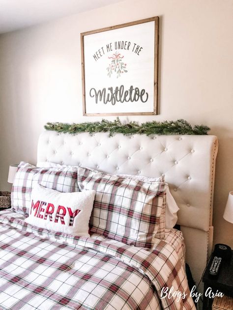 how to attach garland to headboard Christmas Room Decor Ideas, Bedroom Decor Christmas, Christmas Bedroom Decor, Holiday Bedroom, Slim Tree, Plaid Bedding, Slim Christmas Tree, Bedroom Christmas, Decorating Videos