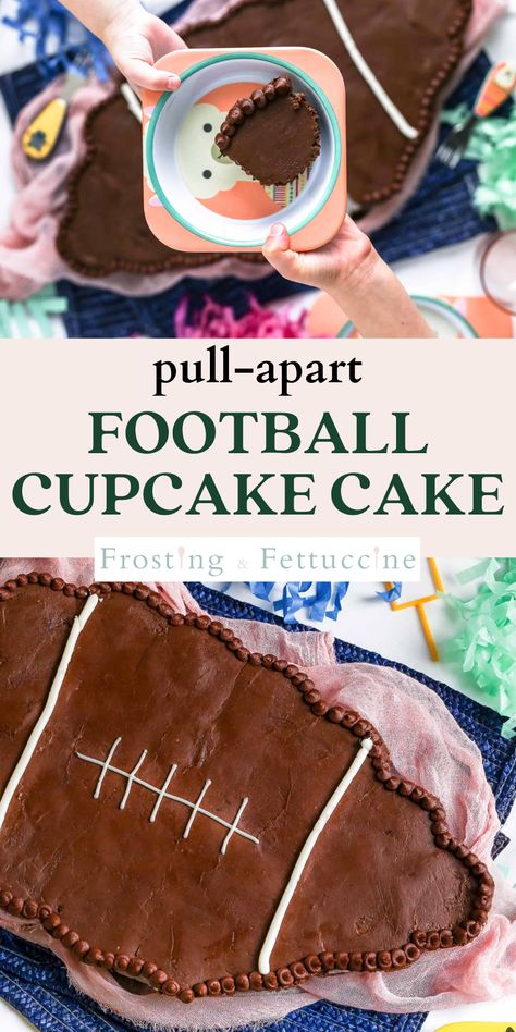 This easy to make DIY pull apart cupcake cake is the perfect football party dessert! You can enjoy the football game while the kids enjoy these homemade chocolate cupcakes made with healthier ingredients like whole wheat pastry flour and applesauce. Football Cupcake Cake, Football Cupcake Cakes, Football Party Desserts, Fun Easy Desserts, Football Cupcake, Homemade Chocolate Cupcakes, Chocolate Footballs, Football Cupcakes, Pull Apart Cupcake Cake