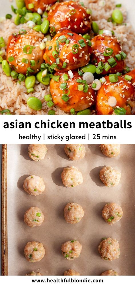 These sticky Asian chicken meatballs are sesame-glazed, moist, and super flavorful. The perfect easy and healthy under-30-minute weeknight dinner with the option to air fry or oven-bake! Chicken Pork Meatballs, Sticky Chicken Meatballs, Korean Chicken Meatballs, Asian Meatball Recipes, Air Fryer Soup, Peanut Chicken Curry, Sticky Asian Chicken, Dairy Free Tomato Soup, Asian Chicken Meatballs