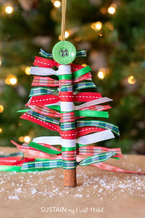 A Christmas craft for making tree ornaments using a cinnamon stick and colorful ribbon is fun, playful and a bit nostalgic. Cinnamon Sticks Ornaments, Cinnamon Sticks Christmas, Class Christmas Gifts, Christmas Ribbon Crafts, Stick Christmas Tree, Traditional Christmas Cards, Ribbon Tree, Colorful Ribbon, Christmas Crafts For Adults