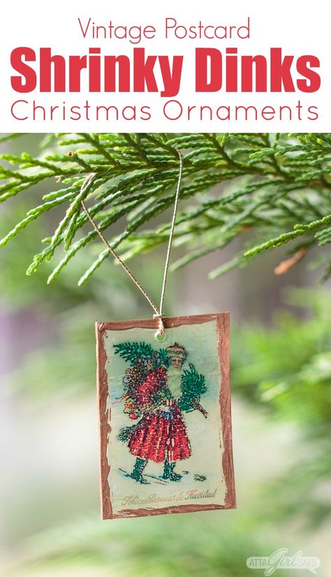 Create stunning Shrinky Dinks Christmas ornaments using artwork from vintage postcards. Learn how to make them and get the free printable Shrinky Dinks here. #christmasornaments #shrinkydinks #handmadechristmas #christmasornaments #decoratethetree Vintage Postcard Crafts Ideas, Shrinky Dink Christmas Ornaments, Shrinky Dink Crafts, Diy Christmas Tree Ornaments, Christmas Postcard, Vintage Christmas Ornaments, Handmade Christmas Ornaments, Vintage Ornaments, Xmas Ornaments