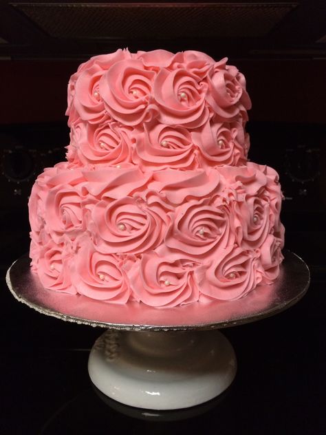 2 tier pink rosette cake 2 Tier Rosette Cake, Wedding Cakes One Tier, Pink Rosette Cake, Rose Decorations, Pink Birthday Cake, Tier Cakes, 50th Wedding Anniversary Party, 2 Tier Cake, Rosette Cake