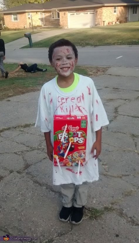 Carrie: My 8 year old son is wearing the costume. His name is kalieq. He was sitting at table eating cereal one morning and asking me what he should be for... Cereal Costume, Cereal Killer Halloween Costume, Cereal Killer Costume, Cereal Killer Halloween, Easy Kids Costumes, Killer Costume, 2015 Halloween Costumes, Sitting At Table, Eating Cereal