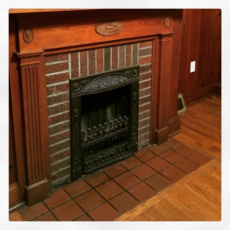 Beautiful original 1940's fireplace. #fireplace #1940s #thisold house 1940 Fireplace, 20s Fireplace, 1940s Fireplace, 1950s Fireplace, Brick House Interior, Fireplace Limestone, 1930 House, Escape Room Themes, Om Kalthoum