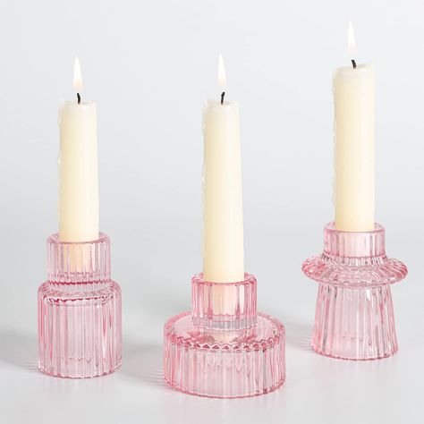 PRICES MAY VARY. Pink Votive Candle Holders Set: total 3 pcs, 1pc for each pattern, perfectly fits for standard tea light candles, small votive candles, little LED candle(Candles not included). The brown color warms the light from the flames without blocking too much light, for small tealights TAPER GLASS CANDLESTICK HOLDERS: Modern tapered glass candle holder has a chic shape, is a great choice for parties, birthday,Christmas,Valentine's Day, Anniversary, Mother's Day, Housewarming and wedding Classy Centerpieces Birthday, Pretty In Pink Party Decorations, Fun Candle Holders, Coquette Candle Holder, Black White And Pink Birthday Decor, Light Pink Home Decor, Funky Candle Holders, Cute Candle Holders, Pink Candles Wedding