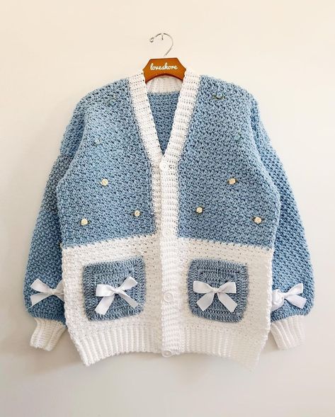 LOVESHORE (@loveshorestudio) • Instagram photos and videos Cardigan Pattern Crochet, Coquette Crochet, Crochet Ribbon, Unique Tools, Satin Ribbon Bow, Crochet Design Pattern, Crochet Inspo, Satin Ribbons, Pocket Cardigan