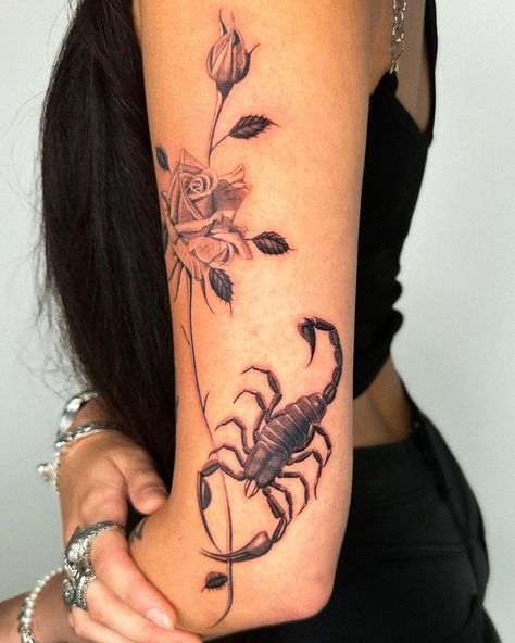 Scorpion and rose custom design. My books are open, DM me your tattoo ideas! #londontattoo #tattoolondon #uktattoo #finelinetattoo #scorpiontattoo #rosetattoo Scorpion Bicep Tattoo, Scorpion With Flowers Tattoo, Mha Ocs, Scorpion Tattoo, Bicep Tattoo, London Tattoo, My Books, Fine Line Tattoos, Rose Tattoo