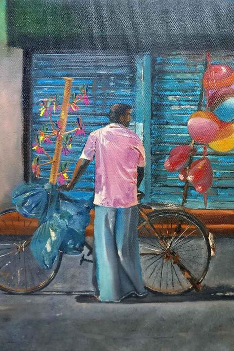 Painting of balloon seller by young artist S. Karthika (24 years) from Virudhunagar, Tamil Nadu, has been sold. This painting was shortlisted in Khula Aasmaan online art competition for December 2021. Balloon Seller Painting, Balloon Seller, Young Art, Painting Canvases, Art Competitions, Tamil Nadu, Young Artist, 30 Years, Online Art