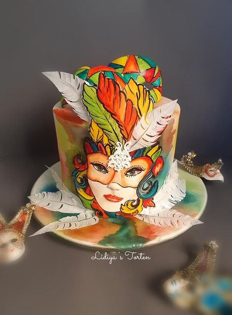 Venice hand painted cake  - cake by Lidiya Petrova Carnival Themed Cakes, Cake Presentation, Carnival Cake, Masquerade Cakes, Sugar Flower Wedding Cake, Mardi Gras Cake, Hand Painted Cake, Carnival Cakes, Artist Cake