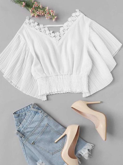 Lace Trim Pleated Sleeve Shirred Crop Top | SHEIN USA Mode Boho, Trendy Dress Outfits, Trendy Fashion Tops, Fashion Attire, Girls Fashion Clothes, Teenage Fashion Outfits, Teen Fashion Outfits, Trendy Dresses, Primavera Estate