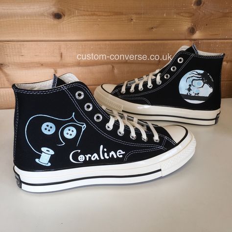 Your choice of Classic or Chuck 70s Black high top Converse hand painted with a metallic light blue Coraline design. Personalise the inner sides or heels with a name or short quote for something extra special! The monoblack shoe colour has plain black soles, eyelets and shoelaces as standard. Converse Costumised Ideas, Converse Diy Ideas, Coraline Converse, Coraline Shoes, Customize Converse, Converse Custom Ideas, Coraline Design, Converse Painted, Shoe Art Designs