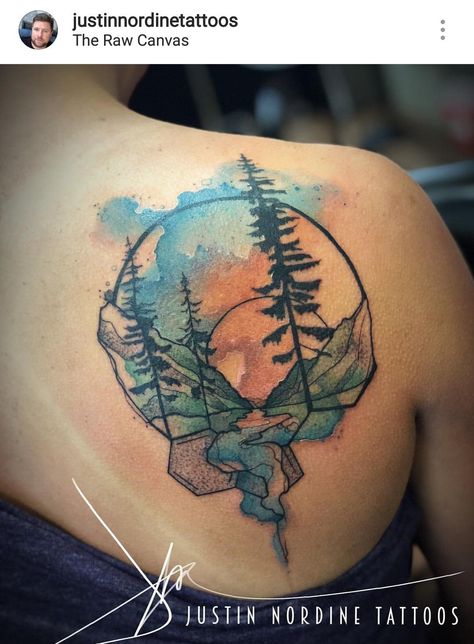 Shoulder Mountain Tattoos For Women, Lake Superior Painting, Upper Peninsula Tattoo Ideas, Lake Sunset Tattoo, Watercolor Nature Tattoo, Northern Light Tattoo, Moutain Tattoos For Women, Watercolor Sunset Tattoo, Light Tattoos For Women