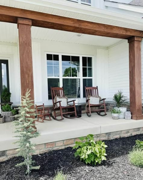 Wood Columns Porch, Farmhouse Porch Columns, Wood Porch Columns, White Board And Batten, Porch Beams, Front Porch Posts, Porch Pillars, Modern Farmhouse Porch, Front Porch Columns