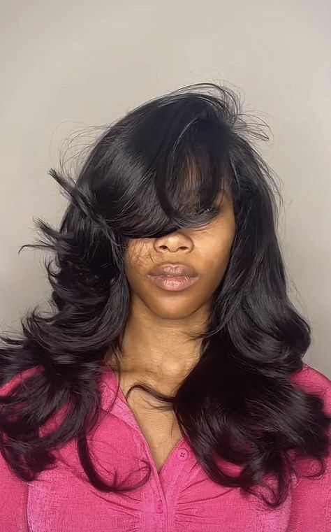 Curtain Bangs Black Women Sew In, Layers Weave Black Women, Deep Side Part With Layers Black Women, Layer Hair Black Women, Curtain Bangs With Layers Wig, Layered Cut Black Women, Layered Sew In Weave Side Part, Full Sew In Weave No Leave Out Bangs, Side Part With Layers Black Women