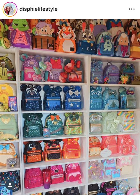 Disney Loungefly Backpack Display, Loungefly Display Ideas, Disney Princess Jewelry, Loungefly Purse, Disney Room Decor, Princess Jewelry, Disney Rooms, Rainbow Room, Loungefly Bag