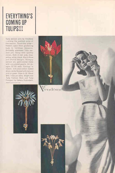 VENDOME  "Everything's Coming Up Tulips" Harper's Bazaar 1963 Vendome Jewelry Ads, Corocraft Jewelry, Flower Power 60s, Jewelry Advertisement, Vendome Jewelry, Jewelry Guide, Jewellery Advertising, Jewelry Ad, Jewelry Magazine