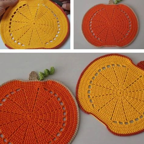 Placemats Patterns Free, Tuba Crochet, Thanksgiving Crochet, Crochet Placemats, Placemats Patterns, Crochet Pumpkin, Free Tutorial, Handmade Crochet, Placemats