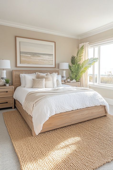 Cute Neutral Bedroom Ideas, California Coastal Master Bed, Modern Coastal Furniture Ideas, California Inspired Bedroom, Blue White Bedroom Aesthetic, Primary Bedroom Coastal, Coastal Interior Design Bedroom, Blue Costal Bedroom, White And Neutral Bedroom