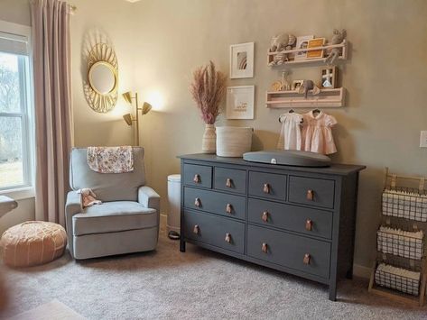 #nurseryroom #babygirlroom #nurserydecor #babyboyroom Double Dresser Nursery, Gray Dresser Nursery, Boho Nursery Dresser Decor, Grey Dresser Nursery, Decor Above Nursery Dresser, Dressers For Nursery, Hemnes Nursery Dresser, Boho Nursery Dresser, Changing Dresser Nursery