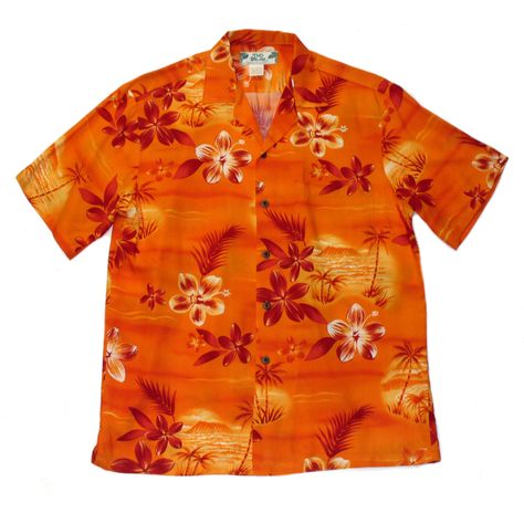 Retro Sunset Hawaiian Shirt | Orange - Muumuu Outlet Hawaiian Men, Hawaii Outfits, Retro Sunset, Rayon Shirt, Pocket Pattern, Hawaiian Style, Shell Buttons, Coconut Shell, Aloha Shirt