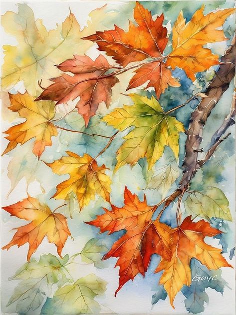 Fall Leaves Art, Autumn Leaves Watercolor, Watercolor Fall Leaves, Botanical Flowers Print, Art Leaves, Autumn Leaves Art, Watercolor Beginner, Diy Watercolor Painting, Leaf Drawing