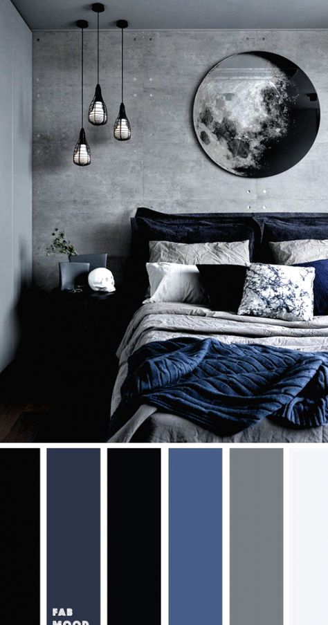 cozy bedroom for couples color schemes interior design #bedroom #bedroomideas Grey Bedroom Colors, Blue Bedroom Colors, Black Room Decor, Design Ložnic, Dark Blue Bedrooms, Bedroom Decor For Couples, Black Room, Grey Bedroom, Bedroom Color