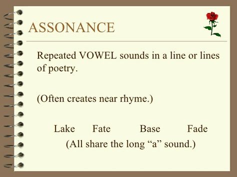 Assonance Assonance Examples, Poetic Devices, English Quiz, Teaching English Grammar, Vowel Sounds, Figurative Language, Writing Poetry, English Literature, Grade 5