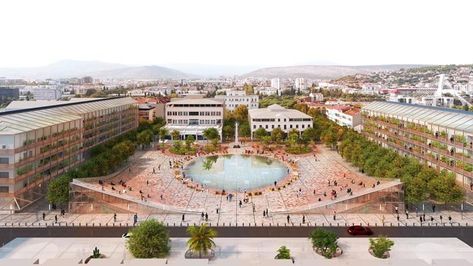 Podgorica Montenegro, Architecture Design Competition, Plaza Design, Concrete Retaining Walls, Permeable Pavers, Architecture Program, Green Facade, Urban Agriculture, Public Square