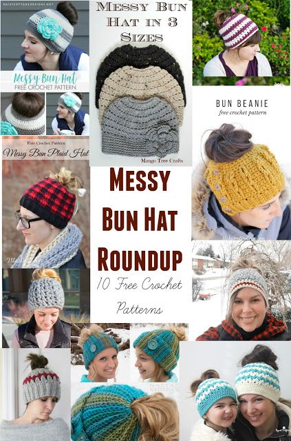 Has the messy bun hat craze reached you yet? :-) I have created this collection of my 10 favorite messy bun crochet hat patterns for everyone to enjoy. All patterns in this collection are free.   Mess Crochet Messy Bun Hat Pattern Free, Messy Bun Crochet Hat, Messy Bun Hat Crochet Pattern, Bun Hat Crochet Pattern, Crochet Bun Hat, Messy Bun Hat Pattern, Hat Crochet Patterns, Messy Bun Hats, Messy Bun Ponytail