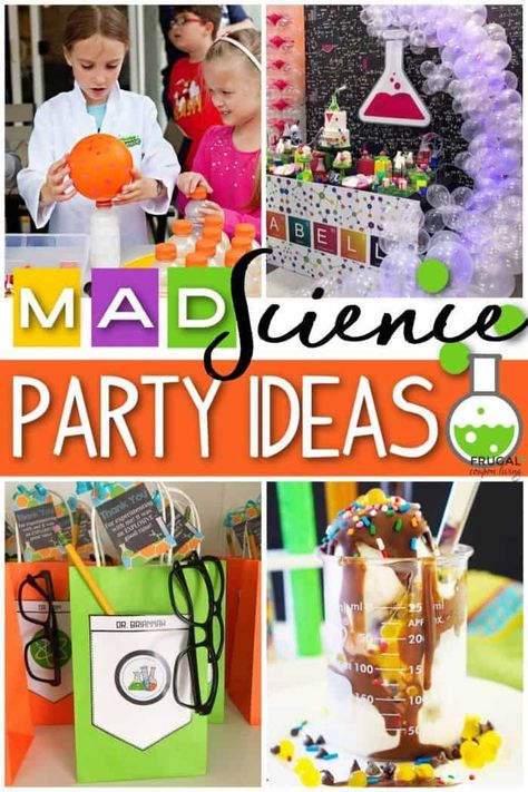 Mad scientist ideas - Open the lab with these super science birthday ideas. Host a mad scientist party in your home. Mad Scientist Science Themes Birthday Party Ideas for Boys or Girls complete with DIY science décor ideas, mad science party foods, mad scientist games, fun science experiments for kids, & party activities sure to please any brainiac birthday boy or girl. #FrugalCouponLiving Science Theme Party Ideas, Science Experiment Party Ideas, Science Experiments Party, Mad Scientist Birthday Party Decorations, Science Birthday Party Activities, Science Lab Birthday Party Ideas, Science Themed Birthday Party Activities, Halloween Mad Scientist Lab Science Experiments, Science Lab Birthday Party