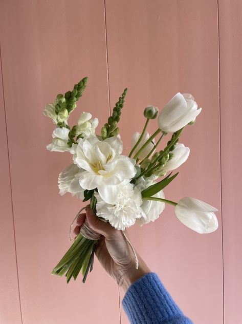 Simple Tulip Wedding Bouquet, Petunia Wedding Bouquet, Minimalist White Bridesmaid Bouquet, White Tulips Bridesmaid Bouquet, Bespoke Bridal Bouquet, White Carnations And Eucalyptus, Bouquet Tulips Wedding, Unique White Wedding Bouquet, Mini Bridesmaid Bouquet White