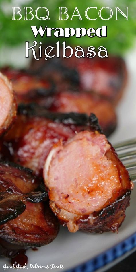 Bacon Wrapped Kielbasa, Kielbasa Appetizer, Appetizer Wraps, Gameday Recipes, Sausage Appetizers, Kielbasa Recipes, Easy Grilling Recipes, Wrapped In Bacon, Bbq Bacon