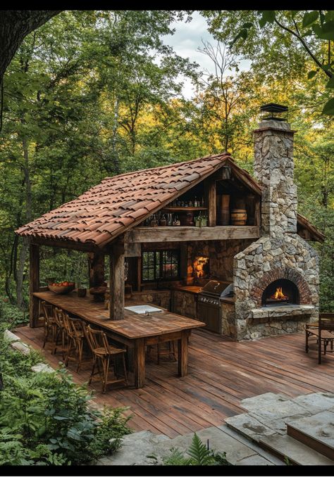 Backyard Pavilion, Backyard Kitchen, Outdoor Kitchen Design, Backyard Patio Designs, Outdoor Fireplace, Dream House Decor, Outdoor Rooms, Backyard Decor, Backyard Landscaping Designs