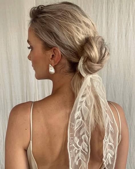 Tie A Hair Scarf, Bridal Hair Ribbon, Bridal Ponytail, Beautiful Wedding Hair, Prom Hairstyles For Short Hair, Bridal Hair Updo, Grace Loves Lace, Short Wedding Hair, Hair Scarf